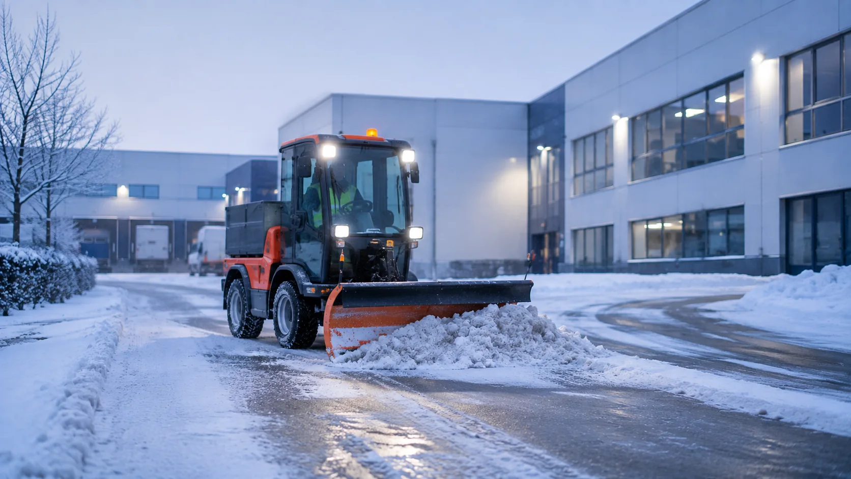 Räumfahrzeug befreit die Zufahrt eines Betriebsgeländes von Schnee
