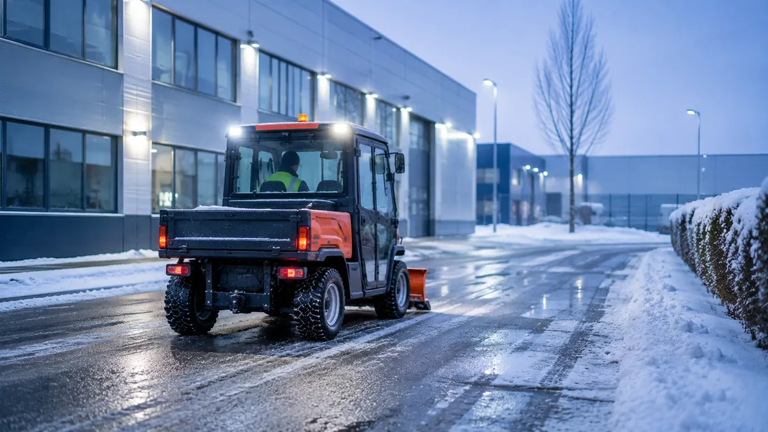 Räumfahrzeug auf einer Kontrollfahrt über ein geräumtes Betriebsgelände