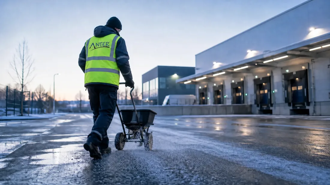 Mitarbeiter streut mit einem Handstreuwagen eine Betriebszufahrt